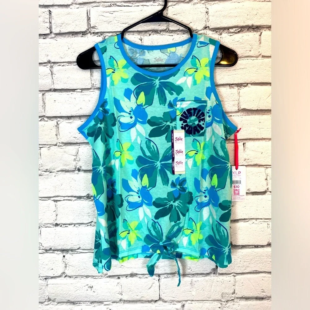 Justice Girls Size XLP (16P/18P) Blue Floral Front Tie Knot Tank Top ~ NWT